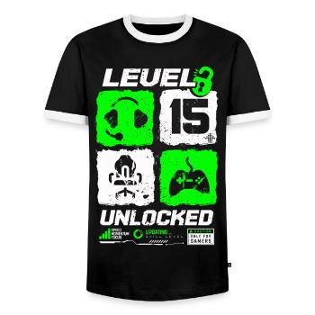 Level Unlocked Gamer Birthday 15 Years - Men's Ringer Shirt - black/white - Front - AI Model Female 172 light (172cm) & AI Model Male 178 light (178cm)