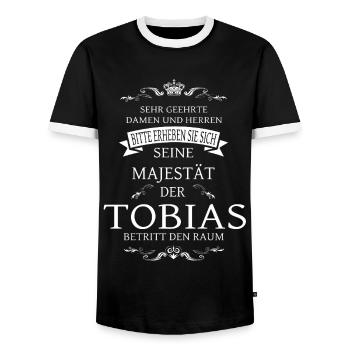 His Majesty Tobias enters the room - Men's Ringer Shirt - black/white - Front - AI Model Female 172 light (172cm) & AI Model Male 178 light (178cm)