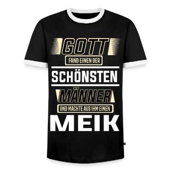 Meik the Most Beautiful Man Shaped by God Design - Men's Ringer Shirt - black/white - Front - AI Model Female 172 light (172cm) & AI Model Male 178 light (178cm)
