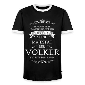 His Majesty of Nations enters the room - Men's Ringer Shirt - black/white - Front - AI Model Female 172 light (172cm) & AI Model Male 178 light (178cm)
