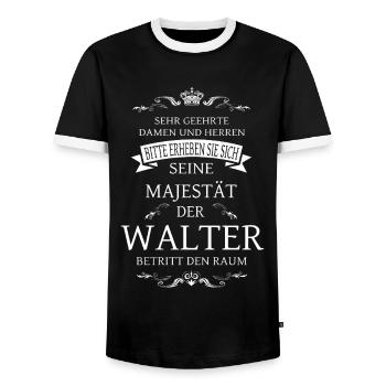 His Majesty Walter enters the room - Men's Ringer Shirt - black/white - Front - AI Model Female 172 light (172cm) & AI Model Male 178 light (178cm)