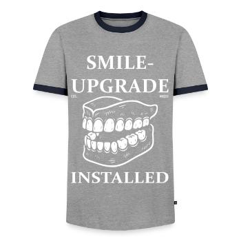 Funny Denture Design – Smile Upgrade Installed - Men's Ringer Shirt - grey/navy  - Front - AI Model Female 172 light (172cm) & AI Model Male 178 light (178cm)