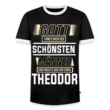 Theodore the Most Beautiful Man Shaped by God Design - Men's Ringer Shirt - black/white - Front - AI Model Female 172 light (172cm) & AI Model Male 178 light (178cm)
