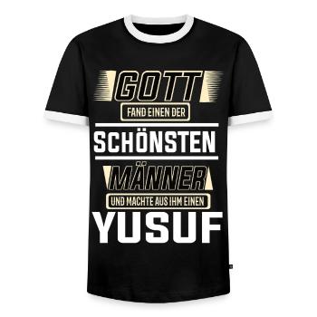 Yusuf the Most Beautiful Man Shaped by God Design - Men's Ringer Shirt - black/white - Front - AI Model Female 172 light (172cm) & AI Model Male 178 light (178cm)