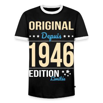 Original seit 1946 – 80-jähriges Jubiläum - Männer Kontrast-T-Shirt - Schwarz/Weiß - Vorne - AI Model Female 172 light (172cm) & AI Model Male 178 light (178cm)
