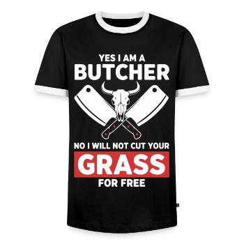 Humor Butcher Cutting No Grass - Men's Ringer Shirt - black/white - Front - AI Model Female 172 light (172cm) & AI Model Male 178 light (178cm)