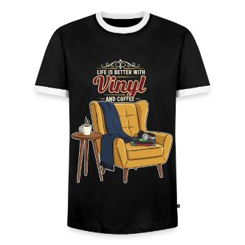 Vinyl Coffee Music Citation Better With Vinyl - Men's Ringer Shirt - black/white - Front - AI Model Female 172 light (172cm) & AI Model Male 178 light (178cm)