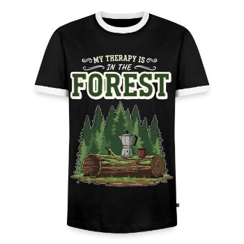 Camping Café Humour My Therapy Is In The Forest - Men's Ringer Shirt - black/white - Front - AI Model Female 172 light (172cm) & AI Model Male 178 light (178cm)