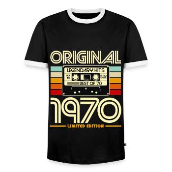 Originale limitierte Kassette von 1970 - Männer Kontrast-T-Shirt - Schwarz/Weiß - Vorne - AI Model Female 172 light (172cm) & AI Model Male 178 light (178cm)