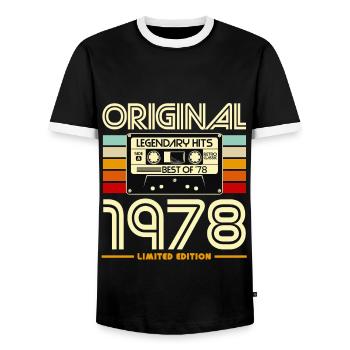 Original 1978 Limited Retro Cassette - Men's Ringer Shirt - black/white - Front - AI Model Female 172 light (172cm) & AI Model Male 178 light (178cm)