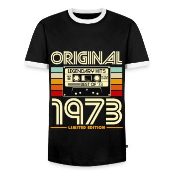 Original 1973 Retro Cassette - Men's Ringer Shirt - black/white - Front - AI Model Female 172 light (172cm) & AI Model Male 178 light (178cm)