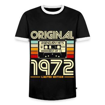 Originale Retro-Kassette von 1972 - Männer Kontrast-T-Shirt - Schwarz/Weiß - Vorne - AI Model Female 172 light (172cm) & AI Model Male 178 light (178cm)