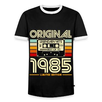 1985 Cassette Retro Legend Hits - Men's Ringer Shirt - black/white - Front - AI Model Female 172 light (172cm) & AI Model Male 178 light (178cm)