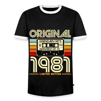 Original 1981 Cassette Limited - Men's Ringer Shirt - black/white - Front - AI Model Female 172 light (172cm) & AI Model Male 178 light (178cm)