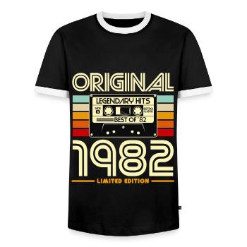 1982 Limited Edition Cassette - Men's Ringer Shirt - black/white - Front - AI Model Female 172 light (172cm) & AI Model Male 178 light (178cm)