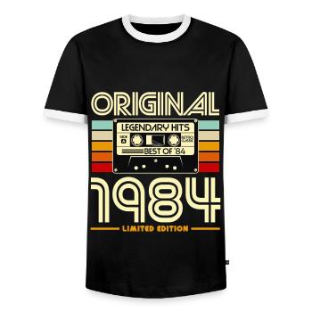 Original 1984 Retro Cassette - Men's Ringer Shirt - black/white - Front - AI Model Female 172 light (172cm) & AI Model Male 178 light (178cm)