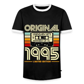Original 1995 Retro Cassette - Men's Ringer Shirt - black/white - Front - AI Model Female 172 light (172cm) & AI Model Male 178 light (178cm)