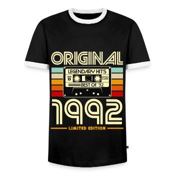Original 1992 Legendary Cassette - Men's Ringer Shirt - black/white - Front - AI Model Female 172 light (172cm) & AI Model Male 178 light (178cm)