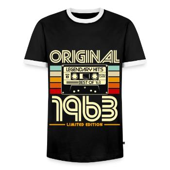 Retro Cassette 1963 Limited Edition - Men's Ringer Shirt - black/white - Front - AI Model Female 172 light (172cm) & AI Model Male 178 light (178cm)
