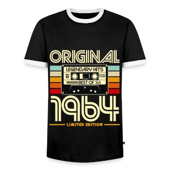 Original 1964 Retro Cassette - Men's Ringer Shirt - black/white - Front - AI Model Female 172 light (172cm) & AI Model Male 178 light (178cm)