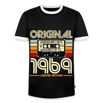 Original 1969 Retro Cassette - Men's Ringer Shirt - black/white - Front - AI Model Female 172 light (172cm) & AI Model Male 178 light (178cm)