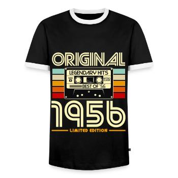 Originale Retro Heritage Kassette von 1956 - Männer Kontrast-T-Shirt - Schwarz/Weiß - Vorne - AI Model Female 172 light (172cm) & AI Model Male 178 light (178cm)