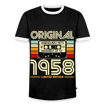 Original 1958 Vintage Cassette - Men's Ringer Shirt - black/white - Front - AI Model Female 172 light (172cm) & AI Model Male 178 light (178cm)