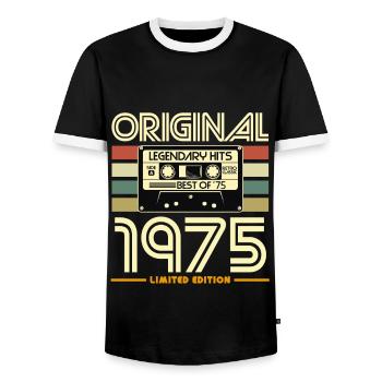 Original 1975 Retro Tape - Men's Ringer Shirt - black/white - Front - AI Model Female 172 light (172cm) & AI Model Male 178 light (178cm)