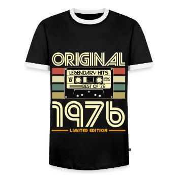 Original 1976 Cassette Vintage - Men's Ringer Shirt - black/white - Front - AI Model Female 172 light (172cm) & AI Model Male 178 light (178cm)