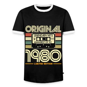 Original Hits 1980 Retro-Kassette - Männer Kontrast-T-Shirt - Schwarz/Weiß - Vorne - AI Model Female 172 light (172cm) & AI Model Male 178 light (178cm)