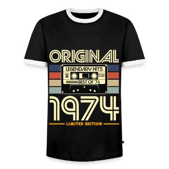 Original 1974 Retro Cassette - Men's Ringer Shirt - black/white - Front - AI Model Female 172 light (172cm) & AI Model Male 178 light (178cm)