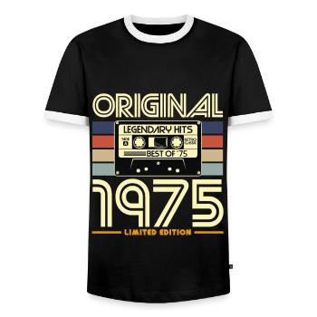 1975 Limited Edition Cassette - Men's Ringer Shirt - black/white - Front - AI Model Female 172 light (172cm) & AI Model Male 178 light (178cm)