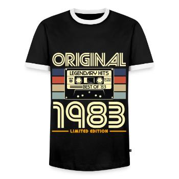 Original 1983 Retro Cassette - Men's Ringer Shirt - black/white - Front - AI Model Female 172 light (172cm) & AI Model Male 178 light (178cm)