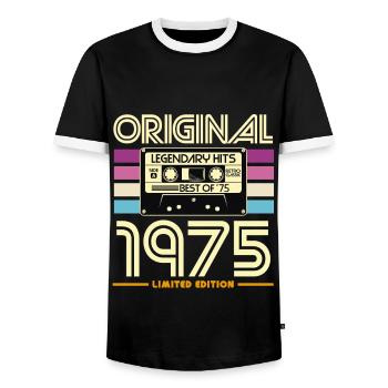 Limitierte Retro-Kassette von 1975 - Männer Kontrast-T-Shirt - Schwarz/Weiß - Vorne - AI Model Female 172 light (172cm) & AI Model Male 178 light (178cm)