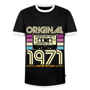 Original 1971 Limited Edition Retro Cassette - Men's Ringer Shirt - black/white - Front - AI Model Female 172 light (172cm) & AI Model Male 178 light (178cm)