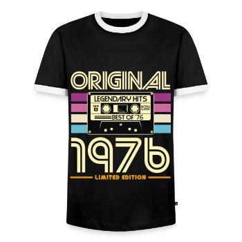 Kassette Retro 1976 Edition - Männer Kontrast-T-Shirt - Schwarz/Weiß - Vorne - AI Model Female 172 light (172cm) & AI Model Male 178 light (178cm)