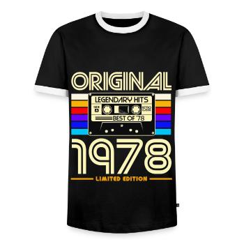 Original 1978 Cassette Retro - Men's Ringer Shirt - black/white - Front - AI Model Female 172 light (172cm) & AI Model Male 178 light (178cm)