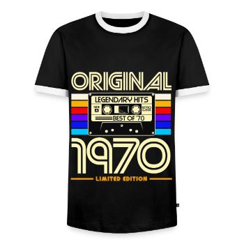 Original 1970's Cassette Retro Edition - Men's Ringer Shirt - black/white - Front - AI Model Female 172 light (172cm) & AI Model Male 178 light (178cm)