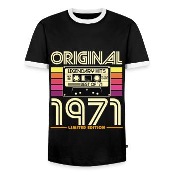 Retro Cassette 1971 Limited Edition - Men's Ringer Shirt - black/white - Front - AI Model Female 172 light (172cm) & AI Model Male 178 light (178cm)
