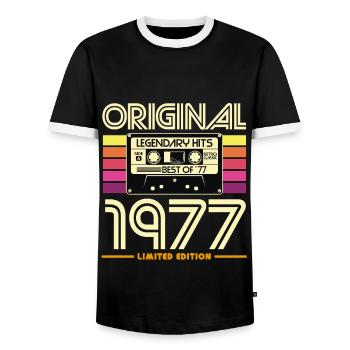 Original 1977 Retro Cassette - Men's Ringer Shirt - black/white - Front - AI Model Female 172 light (172cm) & AI Model Male 178 light (178cm)
