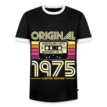 Original-Kassetten-Limited von 1975 - Männer Kontrast-T-Shirt - Schwarz/Weiß - Vorne - AI Model Female 172 light (172cm) & AI Model Male 178 light (178cm)