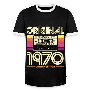 Originale Retro-Hits-Kassette von 1970 - Männer Kontrast-T-Shirt - Schwarz/Weiß - Vorne - AI Model Female 172 light (172cm) & AI Model Male 178 light (178cm)