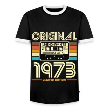 Original 1973 – Limited Retro Hits - Men's Ringer Shirt - black/white - Front - AI Model Female 172 light (172cm) & AI Model Male 178 light (178cm)