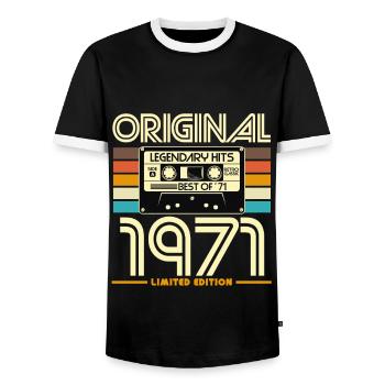 Original 1971 Limited Edition Retro Cassette - Men's Ringer Shirt - black/white - Front - AI Model Female 172 light (172cm) & AI Model Male 178 light (178cm)