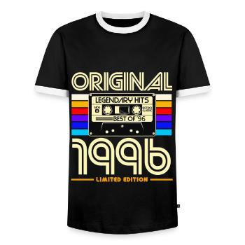 Original 1996 Cassette Retro - Men's Ringer Shirt - black/white - Front - AI Model Female 172 light (172cm) & AI Model Male 178 light (178cm)