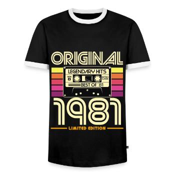 Original 1981: Retro Hits Kassette - Männer Kontrast-T-Shirt - Schwarz/Weiß - Vorne - AI Model Female 172 light (172cm) & AI Model Male 178 light (178cm)