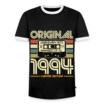 Original 1994 Nostalgia Cassette - Men's Ringer Shirt - black/white - Front - AI Model Female 172 light (172cm) & AI Model Male 178 light (178cm)