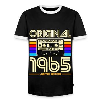 Original 1965 Retro Cassette - Men's Ringer Shirt - black/white - Front - AI Model Female 172 light (172cm) & AI Model Male 178 light (178cm)