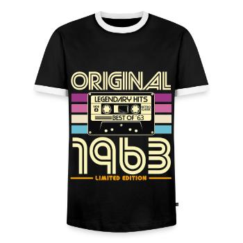 Limited Edition 1963 Cassette - Men's Ringer Shirt - black/white - Front - AI Model Female 172 light (172cm) & AI Model Male 178 light (178cm)
