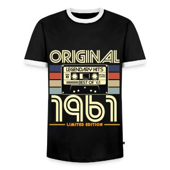 Original 1961 Retro Cassette Limited - Men's Ringer Shirt - black/white - Front - AI Model Female 172 light (172cm) & AI Model Male 178 light (178cm)
